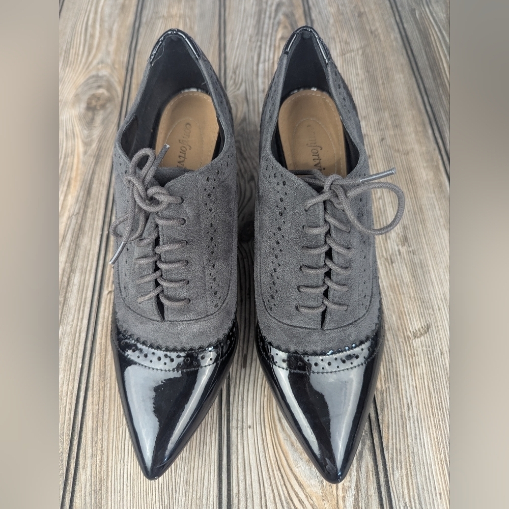 Comfortview Zani Size 9 Gray Suede & Black Patent Heels